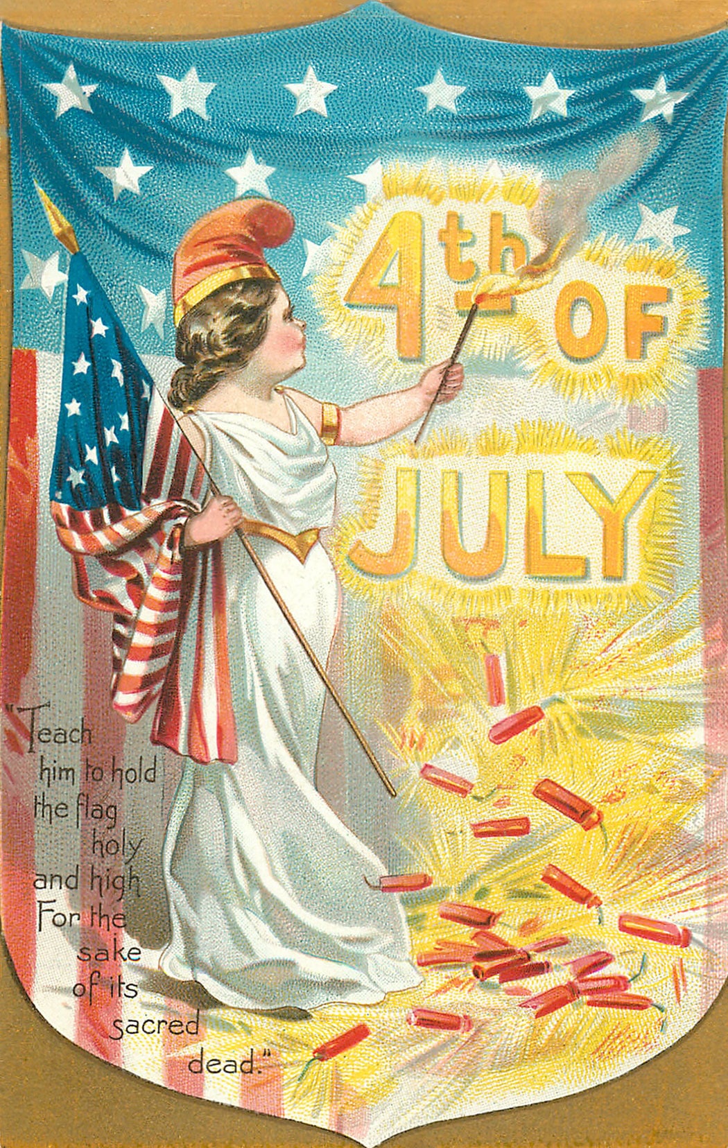 vintage 4th of July postcard - woman with firecrackers