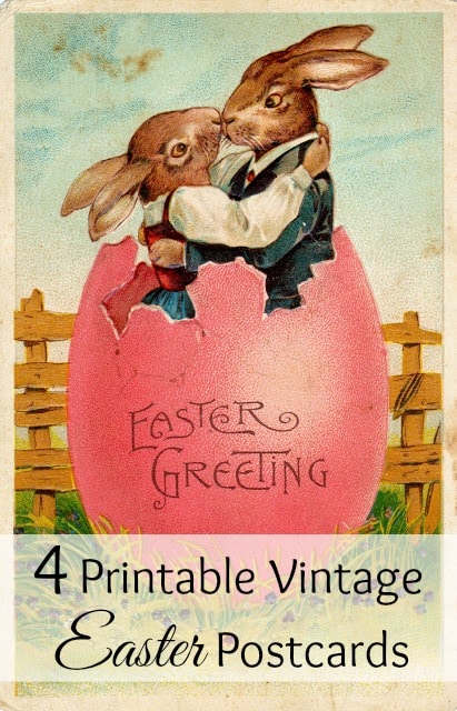 Vintage Easter postcard with two rabbits kissing in an eggshell.