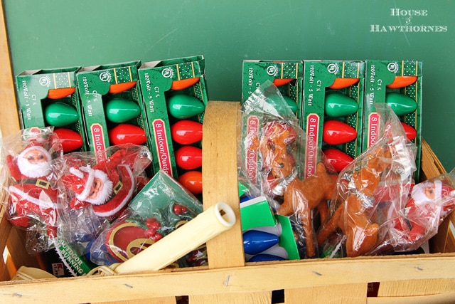 Basket of vintage Christmas decor.