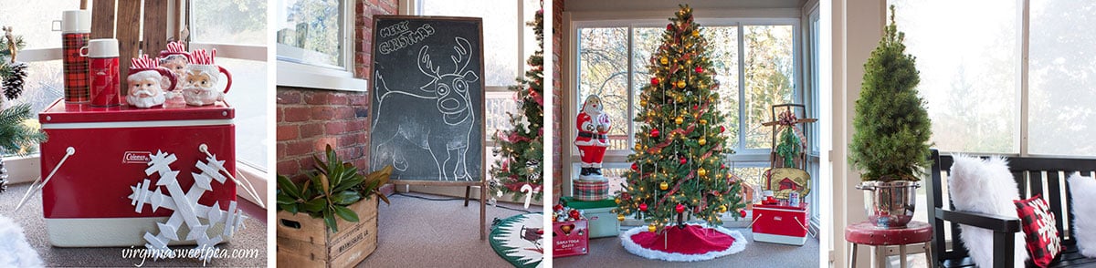 Vintage Christmas decor displayed on a screen porch for the holidays.