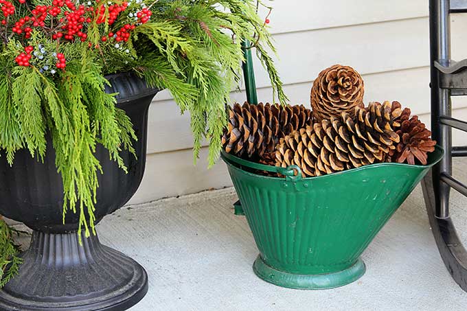 Coal bucket used as holiday porch decor