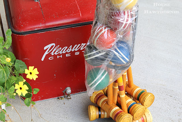 Closeup of vintage croquet set from the thrift store. 