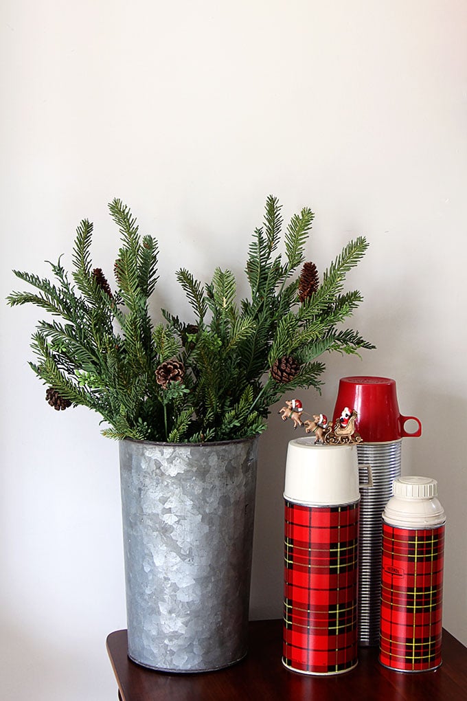 Vintage plaid thermoses - LOTS of unique ideas and inspiration for using plaid Christmas decor in your home for the holidays, including both buffalo check and traditional plaids.