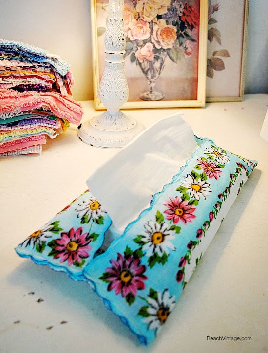 Vintage hankie tissue holder made with pretty hankies