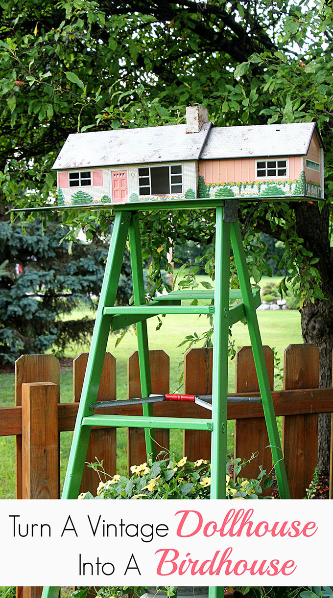 Repurpose a vintage tin dollhouse into a birdhouse using this in-depth tutorial. A playful and fun idea for your garden.