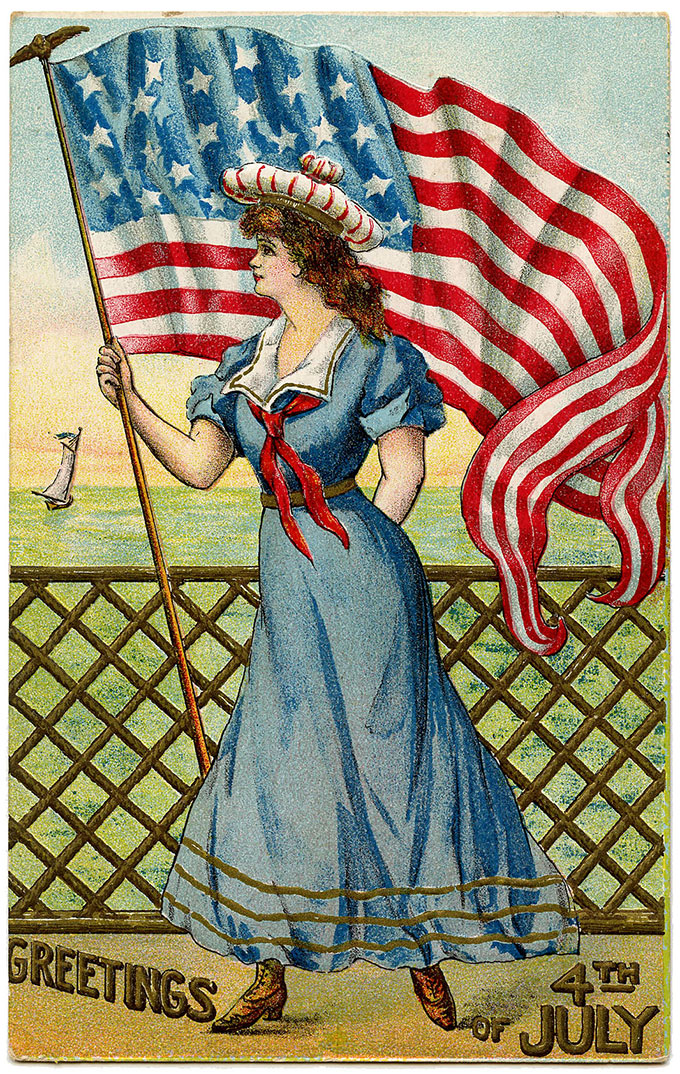 Vintage 4th of July postcard image - sailor woman with flag on boat