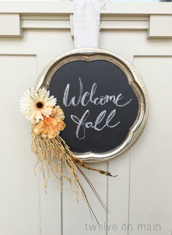 Chalkboard fall wreath made from repurposed vintage silver tray from Twelve On Main