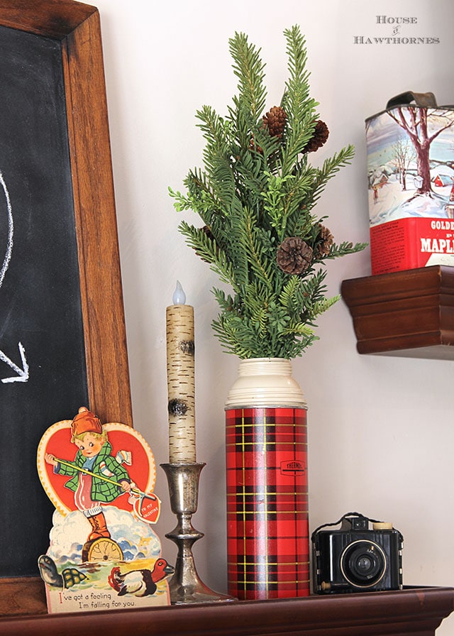 Valentine's Day chalkboard vignette with a Thermos theme and a vintage lumberjack classroom valentine