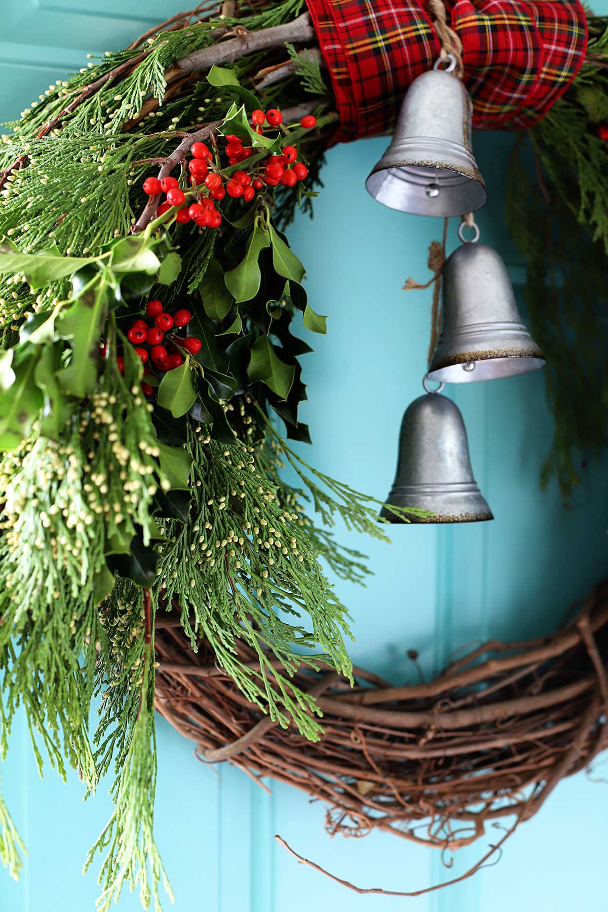 plaid and evergreen Christmas wreath