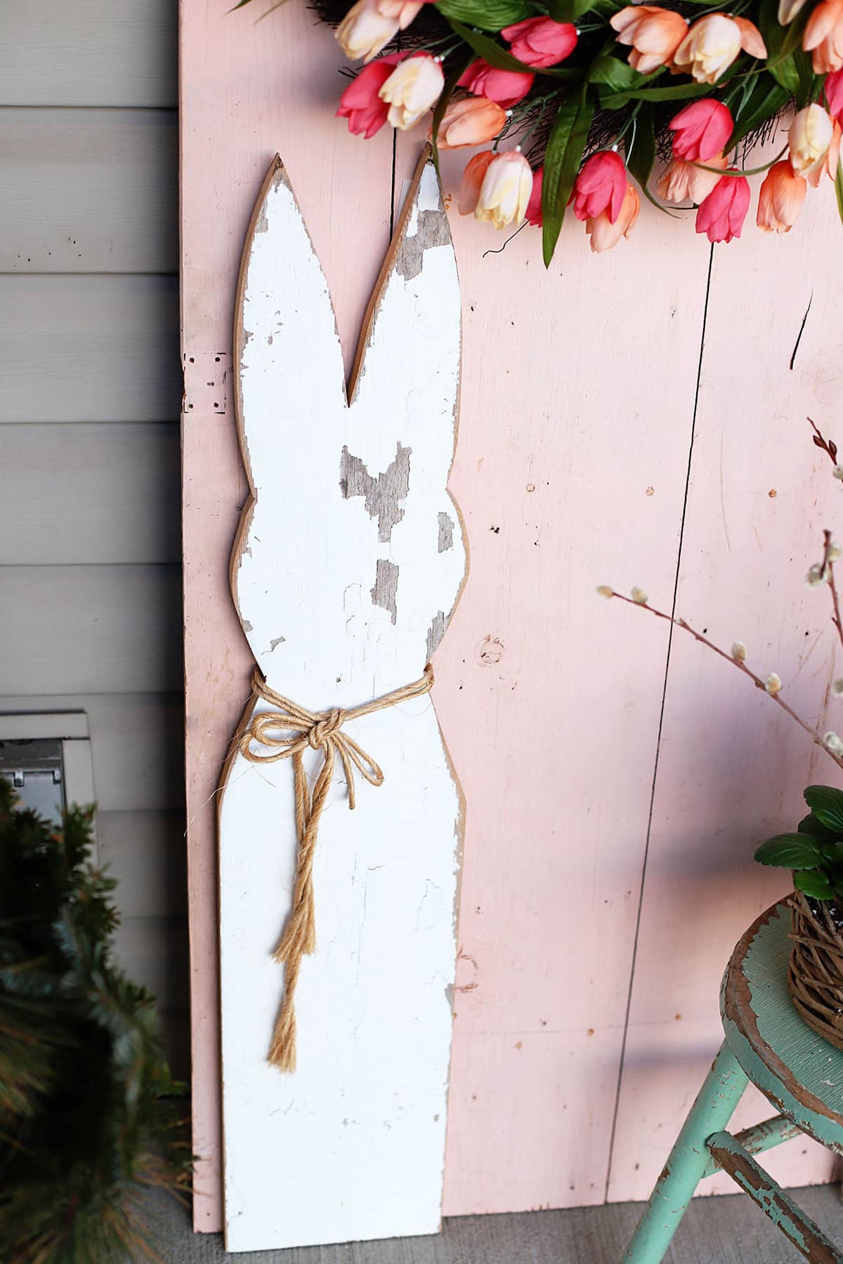 Rustic wooden bunny made from a reclaimed fence picket.