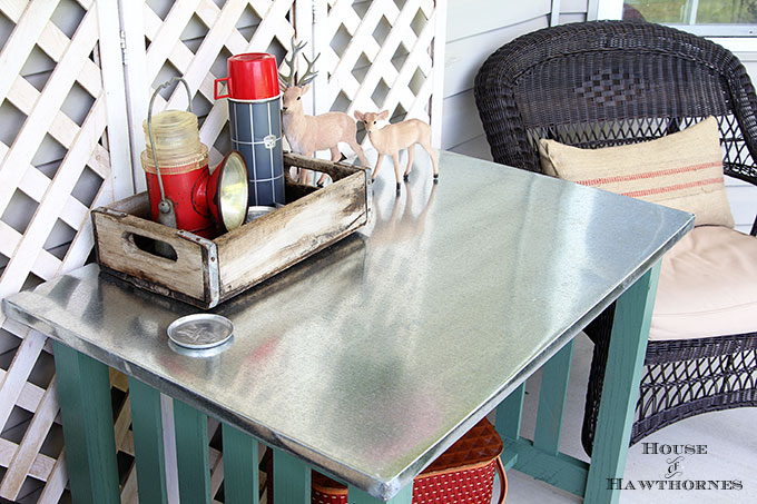 DIY instructions for making a zinc top table. Dining table could be used inside or outside. Galvanized sheet metal was used to keep the cost low.